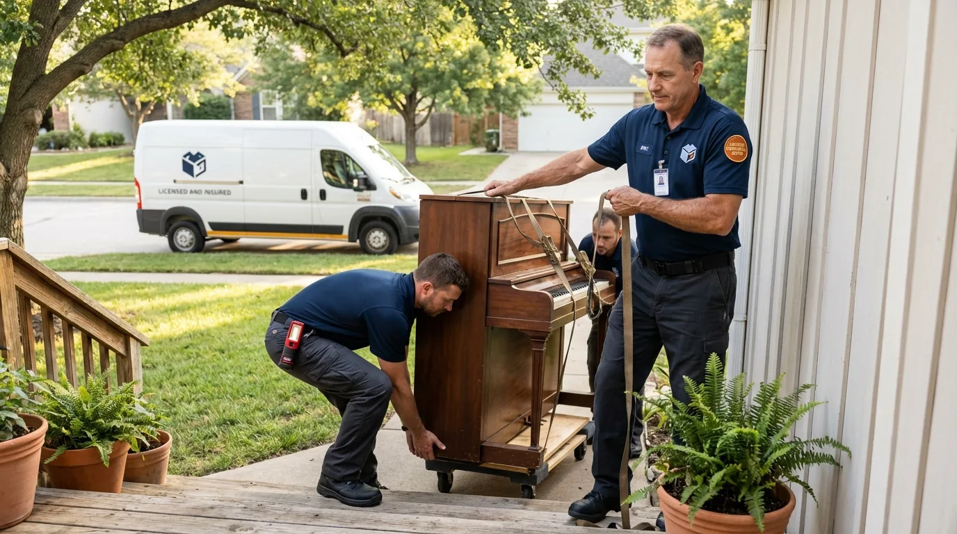 Licensed piano movers securing grand piano in Danville, VA